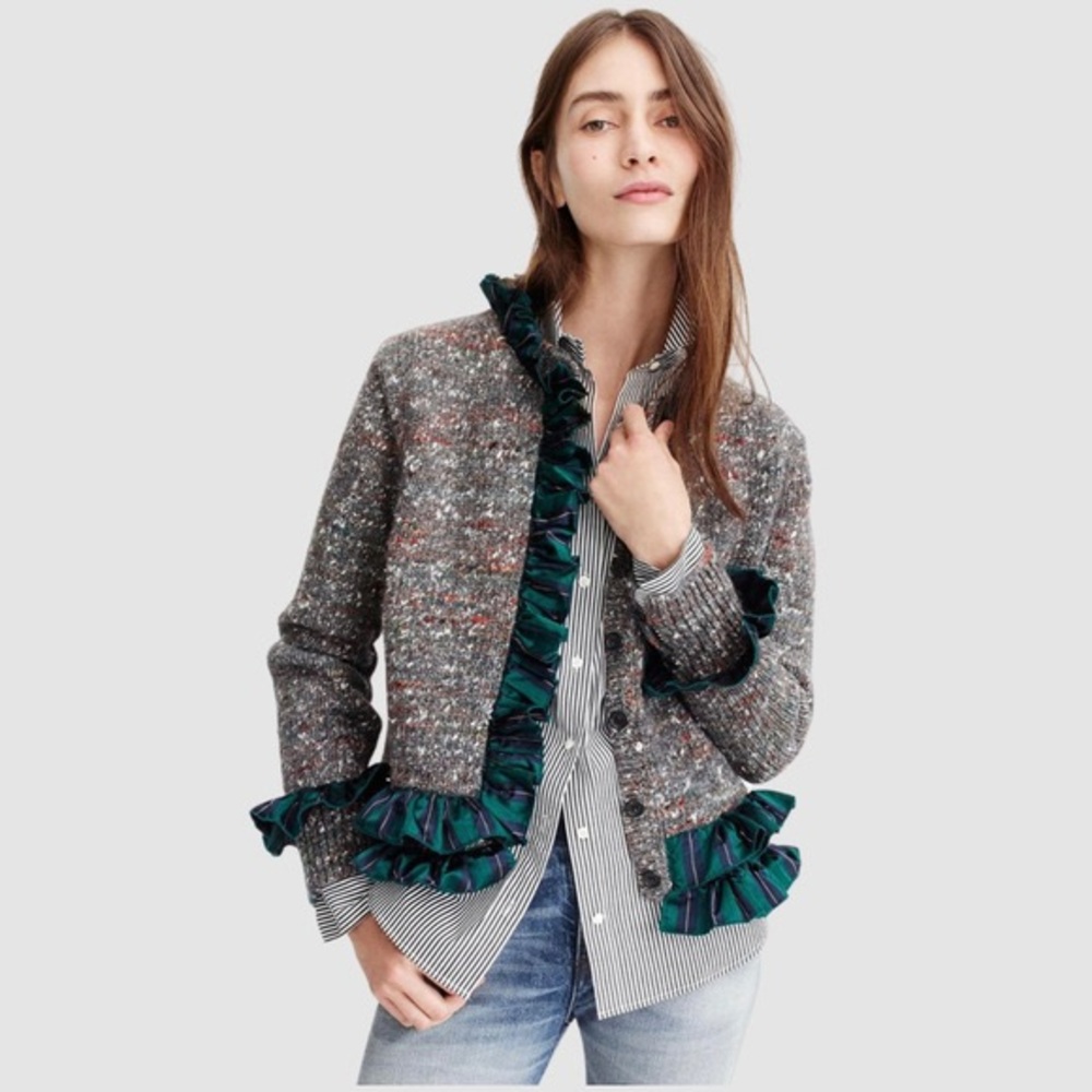 J Crew Collection Sweater Lady Jacket With Tartan Trim